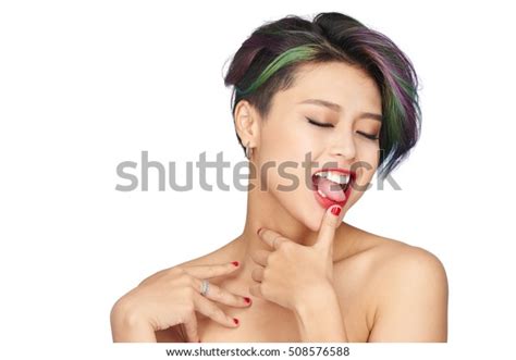 Sensual Naked Woman Licking Her Red Stok Foto Raf Shutterstock