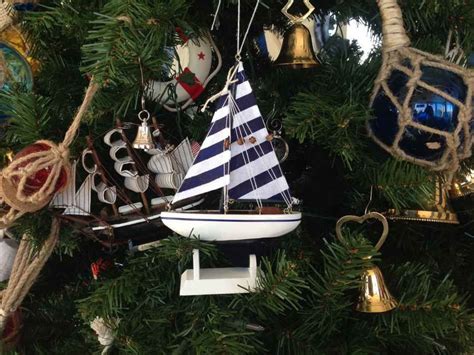 Wooden Blue Striped Model Sailboat Christmas Tree Ornament Etsy