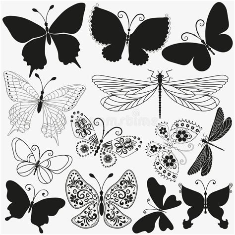 Vector Set Silhouette Of Butterflies And Dragonflies Stock Vector