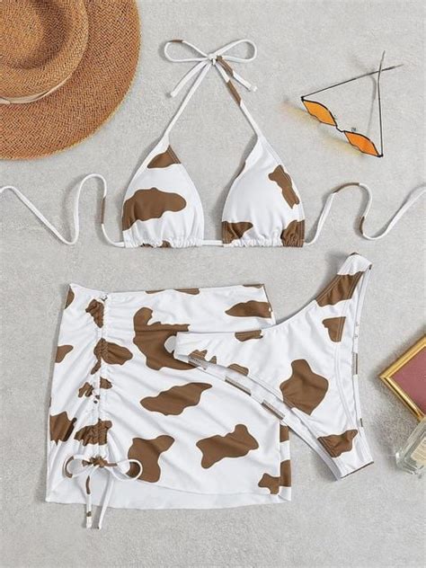 New Cow Print 3 Pieces Set Swimsuit Women Thong Swimwear Sexy Micro Bikini With Sarong Skirts