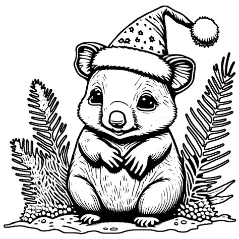 Wombat Wearing Santa Hat With Flowers Coloring Page · Creative Fabrica