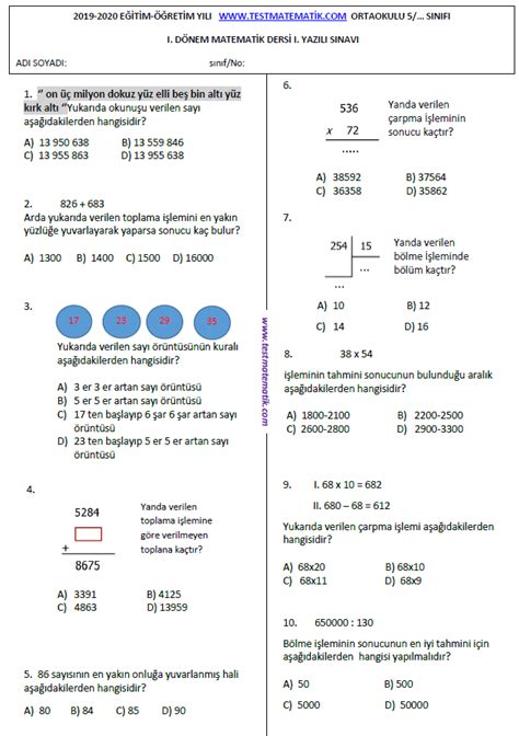 Sinif Matemat K D Nem Yazili Sinavi Test Matematik