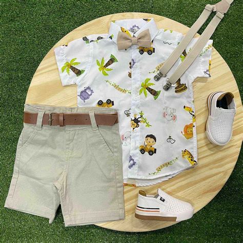 Bermuda Nude Camisa Safari Branca e Kit Gravata e Suspensório Infantil