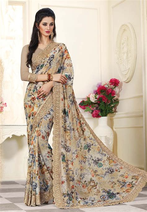 Buy Digital Printed Georgette Saree In Beige Online SPTA3927 Utsav