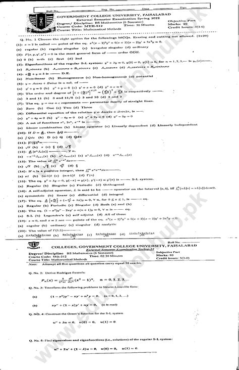 Mth Mathematical Methods Bs Math Gcuf Past Paper Spring