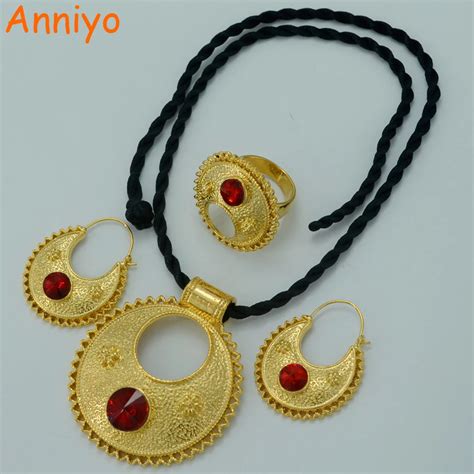 Anniyo Ethiopian Set Jewelry Pendant Black Rope Earrings Ring Gold