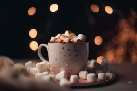 Premium Photo Close Up Mug Of Hot Drink With Marshmallow Snowman On Blurred Background