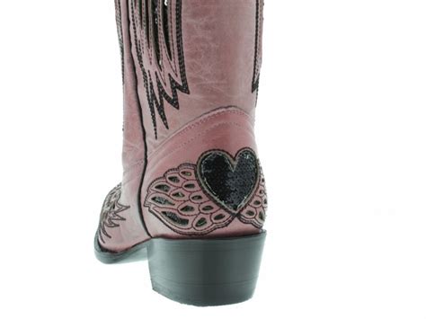 Cowgirl Style Black Sequin Angel Wings With Heart Inlay Genuine Pink Leather Western Boots