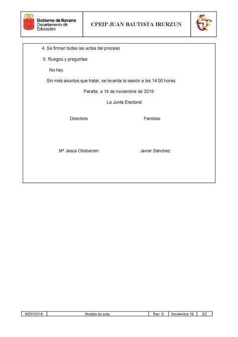 Acta de proclamación de candidatos al Consejo Escolar CP Juan