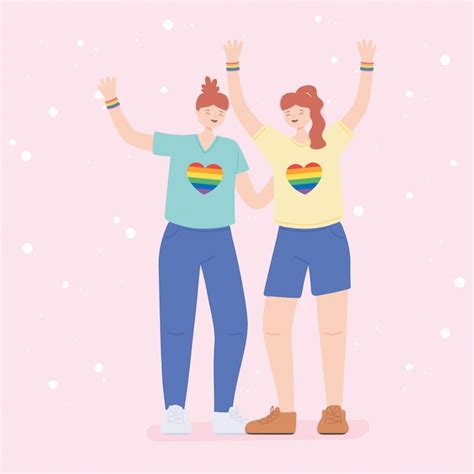 Comunidad Lgbtq Mujeres J Venes Con Un Coraz N De Arco Ris En Camisetas Desfile Gay De
