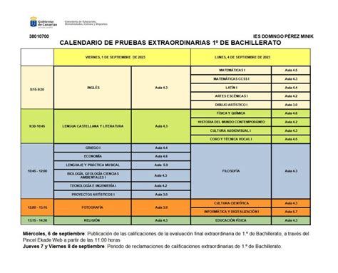 Pruebas extraordinarias de septiembre 1º bachillerato 2023 I E S