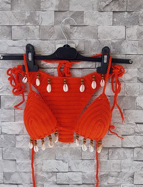 Crochet Bikini Set Orange Bikini Color 37 Sea Shells Bikini Women Swimwear Shell Necklace