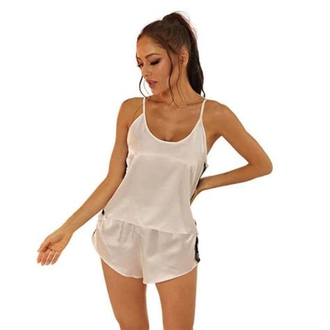 Pyjama Ensemble pyjama élégant en Satin pour femmes tenue de nuit en dentelle Sexy Lingerie