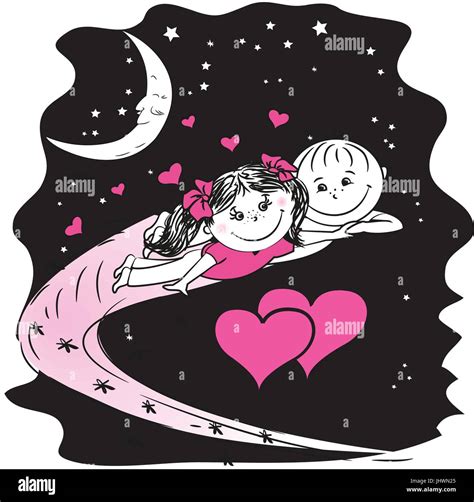 Male And Female Lovers Flying Through The Night Skyvector Illustration Stock Vector Image And Art