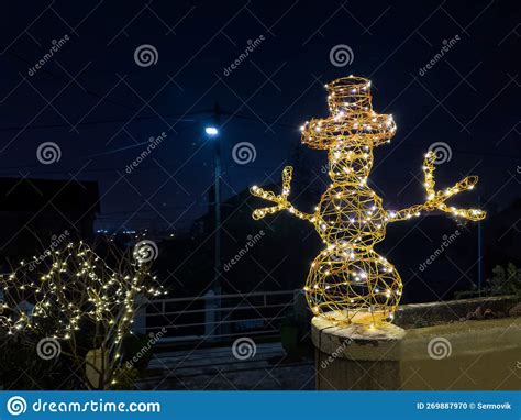 Snowman with Hat Christmas Illumination Decoration Over Dark Sky Stock ...