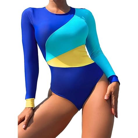 Singreal Womens Rash Guard Swimsuit Long Sleeve Color Block Zip Back