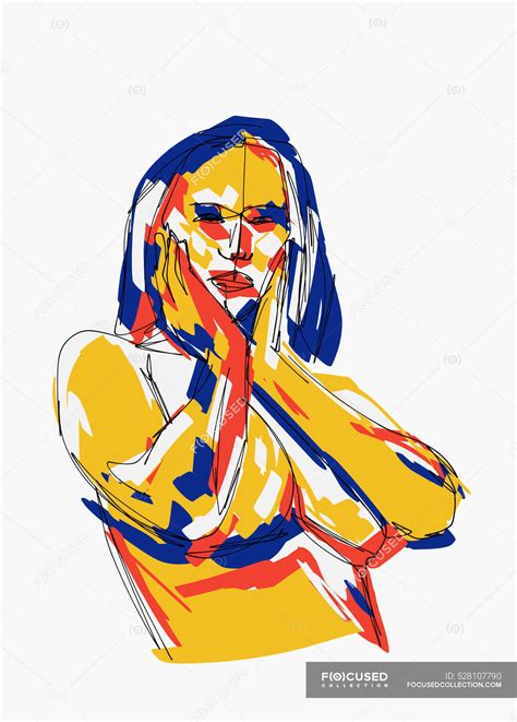 Vector Illustration Of Naked Fit Female Touching Face And Looking At Camera Creative Vertical