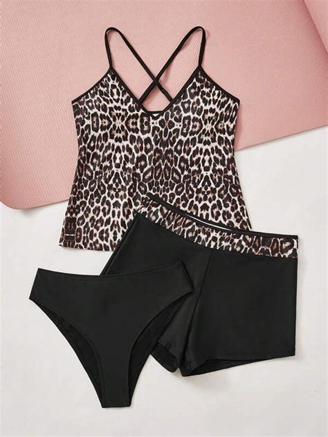 Plus Leopard Criss Cross Bikini Swimsuit With Shorts SHEIN USA