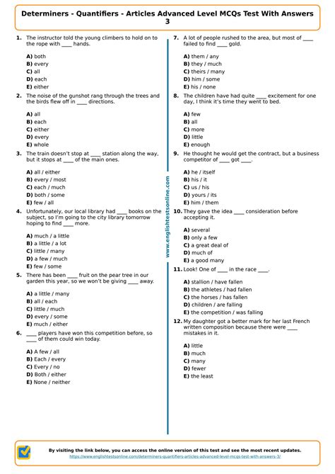 Solution Determiners Quantifiers Articles Advanced Level Mcqs Test