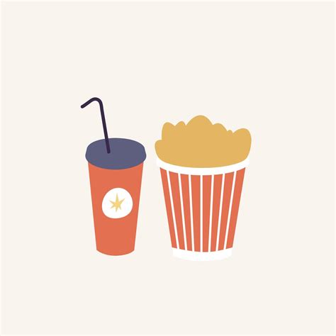 Vector Illustration Full Popcorn Bucket And Soda Drink Cup With Straw