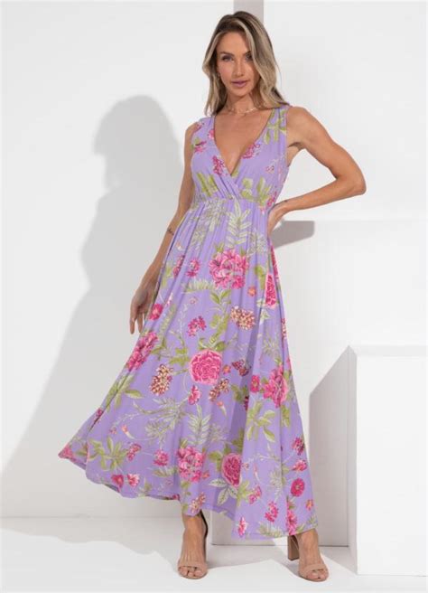 Quintess Vestido Floral Lilás Amarração nas Costas