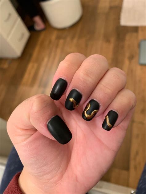 Matte Black Square Round Gel Nails With Gold Snake The Snake Stretches