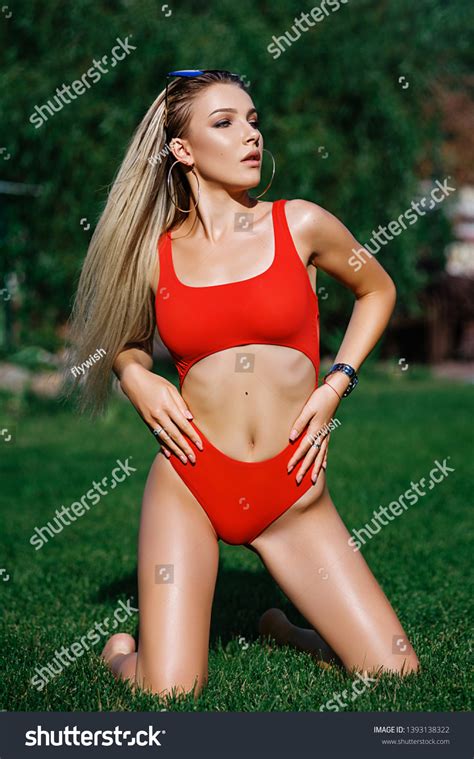 Sexy Blonde Red Swimsuit Stock Photo Shutterstock