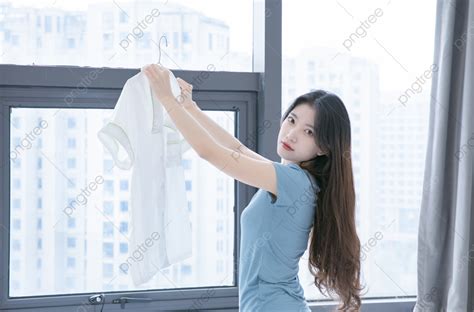 Housework Morning Girl Drying Clothes On Balcony Photo Map With Picture