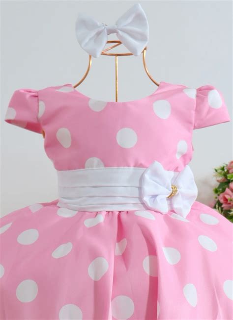 Vestido Minnie Rosa Infantil de Festa Temático C laço 1 ao 4