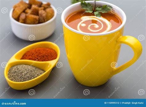 Red Hot Tomato Soup In A Yellow Cup Stock Photo Image Of Enjoyment Cooking