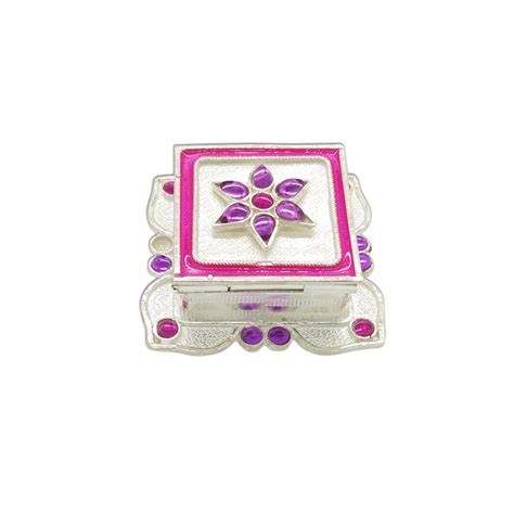 Buy Maa Silver Haldi Kumkum Pink Square Dabbi Set Holder Box With