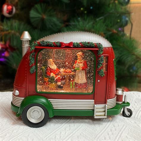 Christmas Tabletop Decor, Snow Globe Water Spinning LED Lighted Christmas Trailer with Santa ...