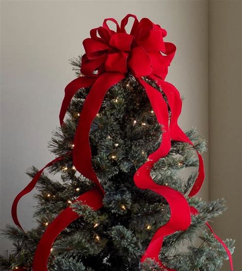 Red Velvet Christmas Tree Topper Bow With Long Streamers Etsy