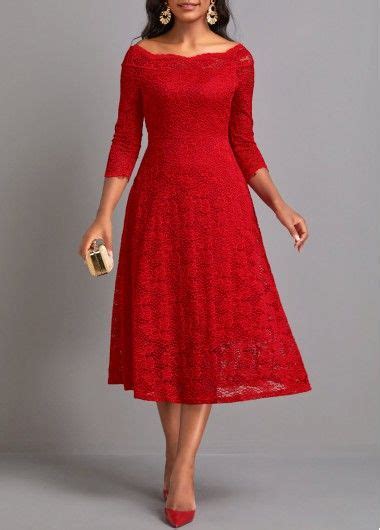 Red Lace Three Quarter Length Sleeve Dress Modlily USD 36 98