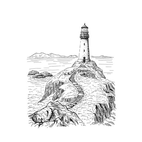 Ilustração desenhada à mão do farol seascape convertida em vetor vetor