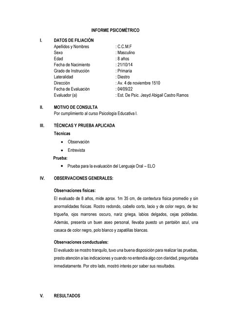 Informe DEL ELO INFORME PSICOM I DATOS DE FILIACIN Apellidos Y