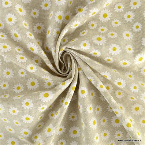 Tissu Toile Aspect Lin Daisy Motifs Marguerites Fond Lin Oeko Tex