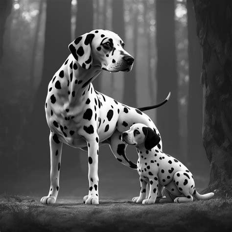 Black and white Dalmatian gazing at its puppy by R Humphrey - Playground