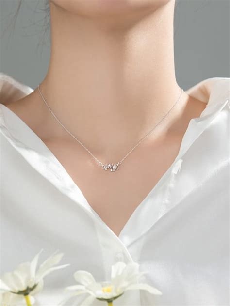 Sterling Silver Rhinestone Flower Minimalist Necklace