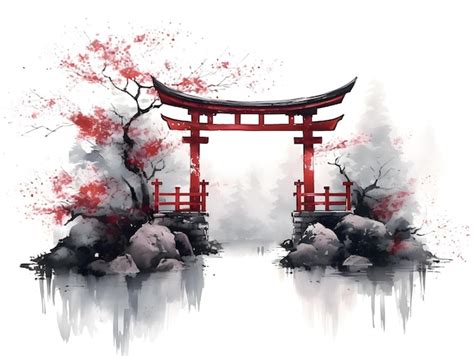 Premium AI Image | A painting of a japanese gate with a red roof and a ...