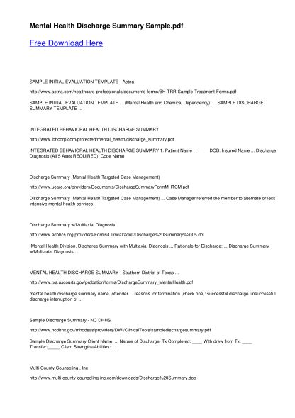 Sample Mental Health Discharge Plan