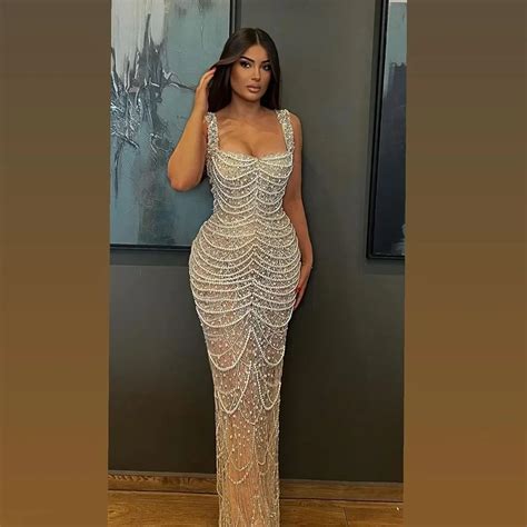 SERENE HILL Arabic Nude Spaghetti Strap Mermaid Luxury Pearls Beaded