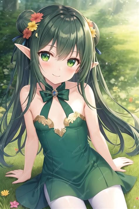 Premium Ai Image Anime Girl In Green Dress Sitting On The Grass