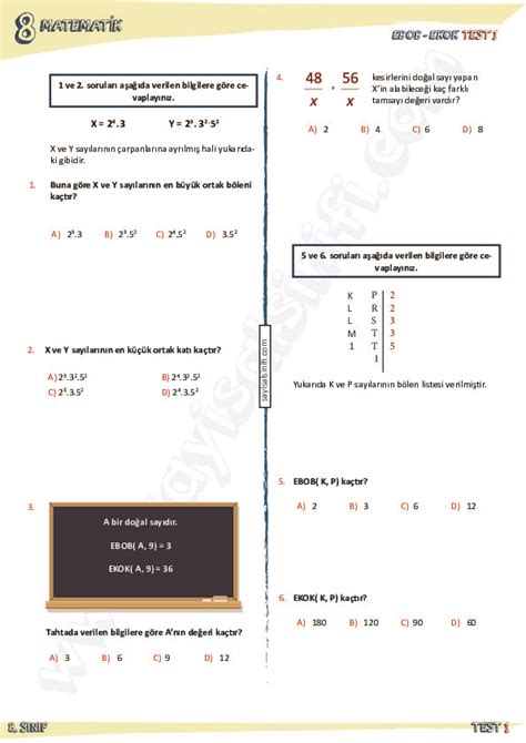 S N F Matematik Ebob Ekok Test Yaprak Test Derslig