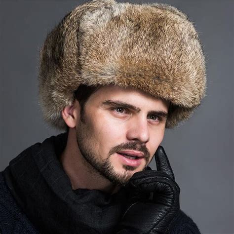 Brown Rabbit Fur Trapper Hat Earflat Mens