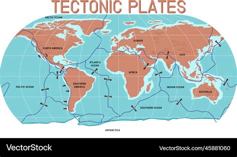 Map of tectonic plates and boundaries Royalty Free Vector