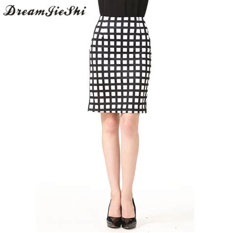 Dreamjieshi Square Print Plaid Pencil Skirts Geometric Print Knee Length Elegant Formal Skirt