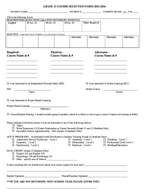 Fillable Online Grade Course Selection Form Student Name