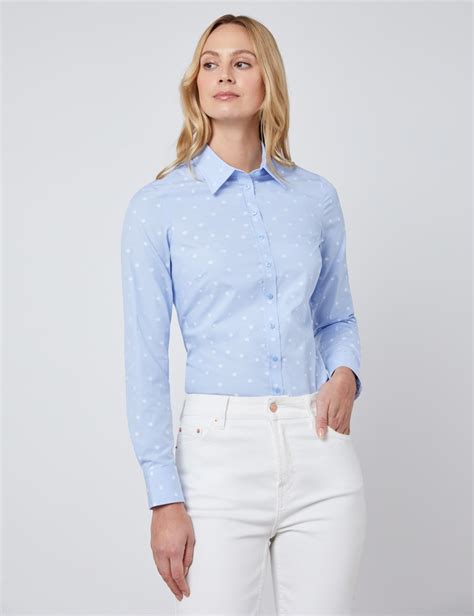 Womens Light Blue Dobby Spot Semi Fitted Shirt Single Cuff Hawes And Curtis