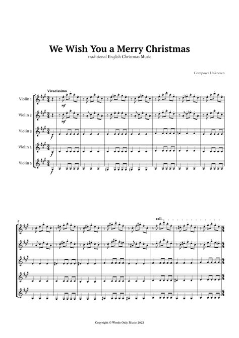 We Wish You A Merry Christmas For Violin Quintet Arr Ander Sheet Music Unknown String